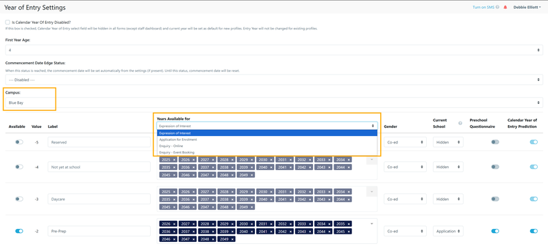 Year of Entry Settings