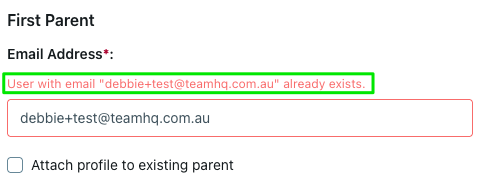EnrolHQ add student profile - existing parent email error 1
