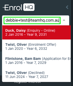 EnrolHQ add student profile - existing parent email error 2