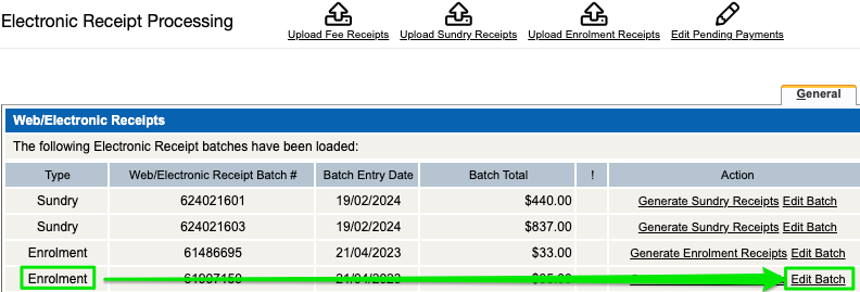 TASS Electronic Receipts list