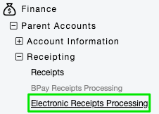 TASS menu - Electronic Receipts Processing